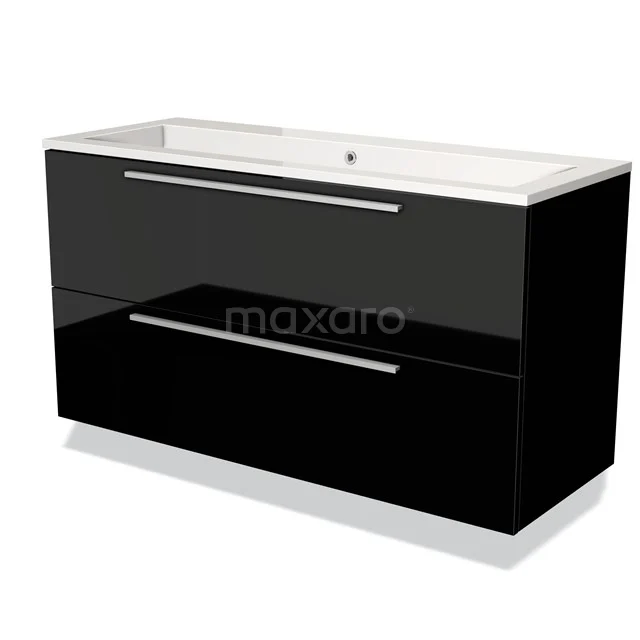 Black glossy bathroom unit with white vanity units with basin, integrated drawers and sleek metal handles, modern design.