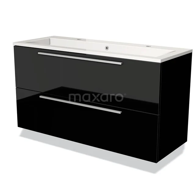 Modulo Vanity units with basin | 120 cm High-gloss black Flat front Mineral marble 2 Stacked drawers BMW17-00845 Black glossy bathroom unit with vanity units with basin, integrated drawers and chrome handles, modern design.