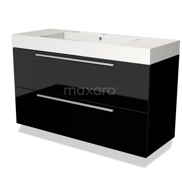 Black glossy bathroom unit with two drawers, integrated vanity units with basin and sleek metal handles. Modern design.
