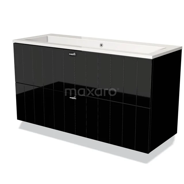 Black bathroom cabinet with glossy finish, double drawers and integrated white basin, modern design.
