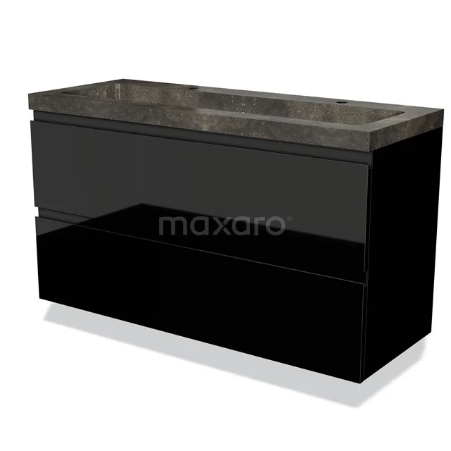 Black bathroom furniture set with ceramic basin worktop, sleek design and two drawers for stylish and practical bathroom storage.
