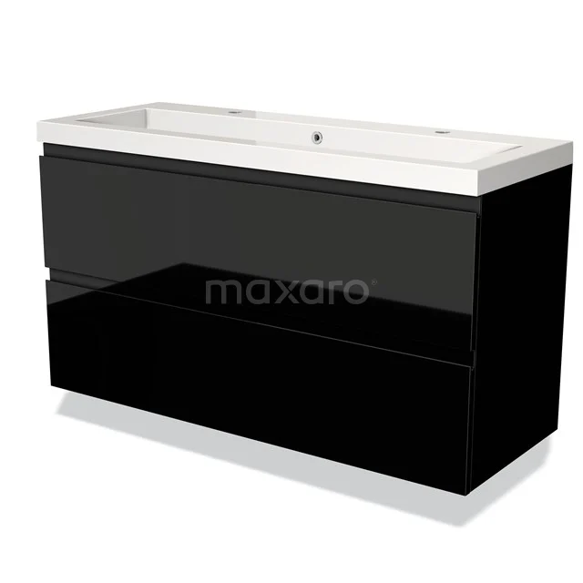 Badmöbel 120cm Modulo Hochglanz Schwarz 2 Schubladen Griffloses Waschbecken Mineralguss BMW17-00857 Schwarzer Badschrank mit glänzender Oberfläche, 2 Schubladen und weißem keramischen Waschbecken, modernes Design.