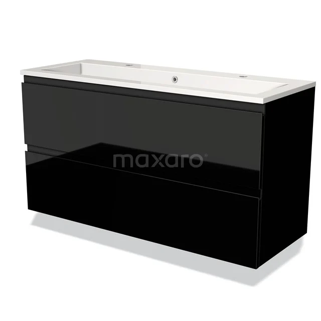 Black bathroom furniture set with double drawers, A high-gloss finish, modern design series, ideal as a stylish storage solution in the bathroom.