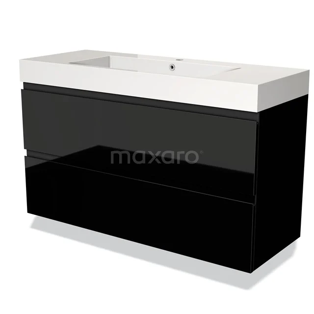 Black bathroom furniture set with two drawers, A high-gloss finish and a white ceramic basin from the modern design series.