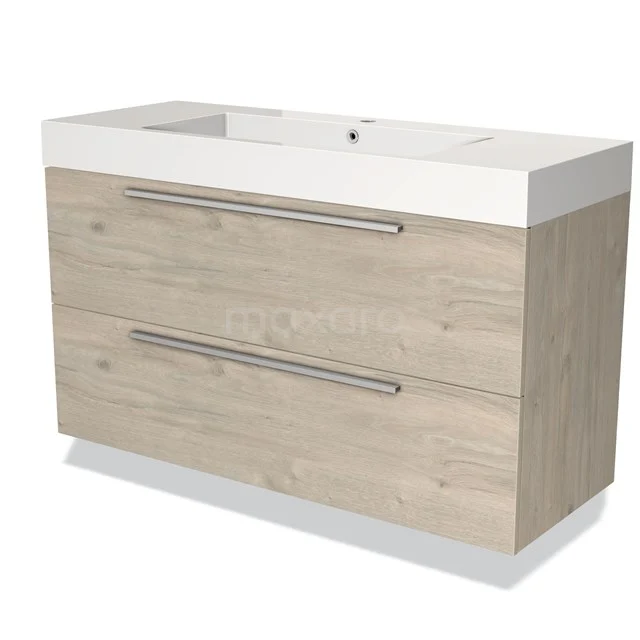 Wooden bathroom unit with two wide drawers, light oak look and white ceramic basin worktop, modern design.