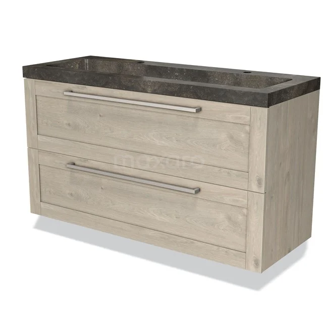 Wooden bathroom unit with drawer fronts, natural oak look, anthracite natural stone basin and sleek metal handles.