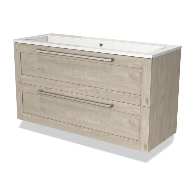 Wooden bathroom unit with two drawers, light oak finish, integrated vanity units with basin and sleek metal handles.