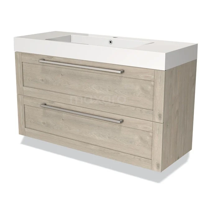 Wooden bathroom unit with double drawers, light oak finish and ceramic vanity units with basin; stylish storage solution.