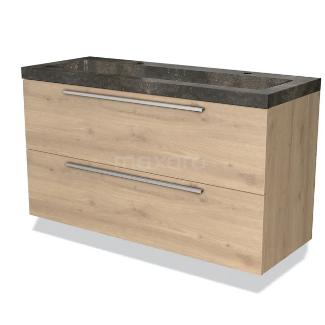 Wooden bathroom unit with two drawers, metal handles and black metal basin worktop, modern design.