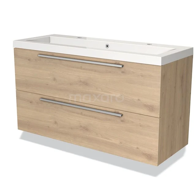 Holz-Badmöbel mit zwei Schubladen, weißem Waschbecken und metallenen Haltegriffen, ideal für ein modernes Badezimmer.