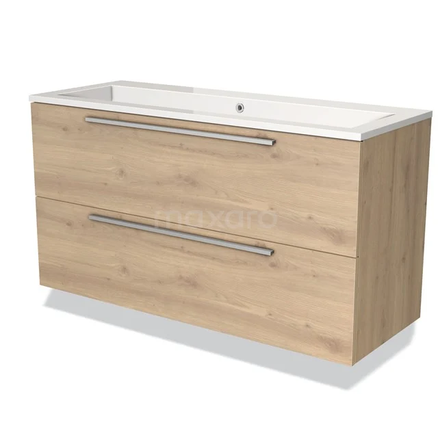 Holz-Badmöbel mit Waschbecken, zwei Schubladen und Edelstahl-Haltegriffen, ausgeführt im hellen Eiche-Design für ein modernes Badezimmer.