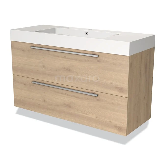 Wooden bathroom unit with white vanity units with basin, two drawers and sleek metal handles, ideal for modern bathroom design.