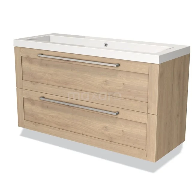 Oak bathroom unit with two wide drawers and white vanity units with basin, ideal for a natural and functional bathroom space.