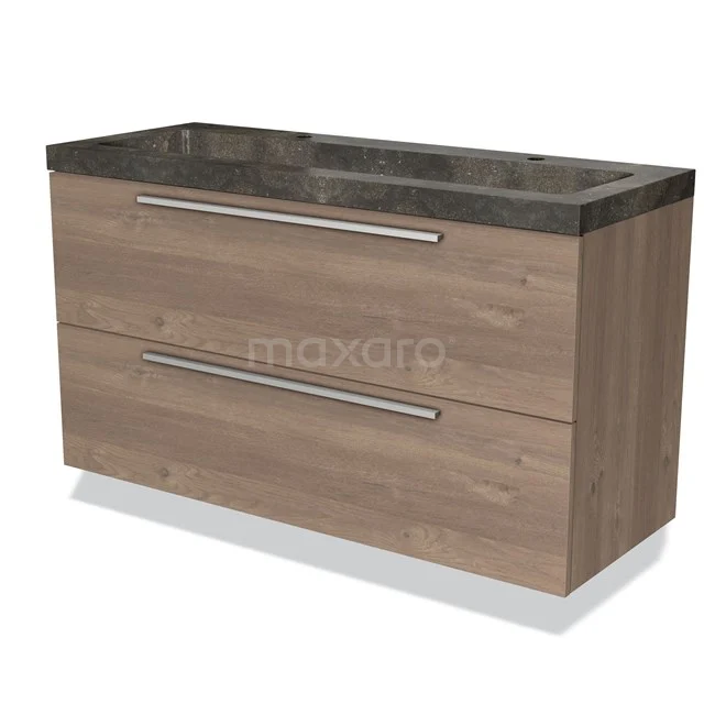 Wooden bathroom unit with grey natural stone basin worktop, two drawers and metal handles, modern design.