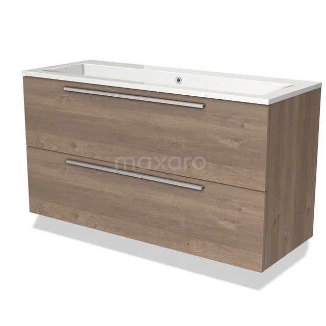 Badkamermeubel 120cm Modulo Middenbruin Eiken 2 lades Vlak Wastafel Mineraalmarmer BMW17-00893