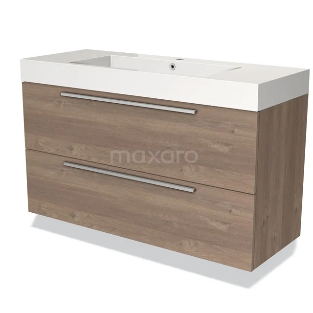 Wooden bathroom unit with two drawers, white ceramic vanity units with basin and metal handles; modern and practical design.