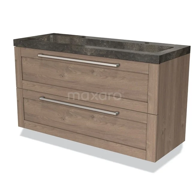Wooden bathroom unit with two drawers, dark grey natural stone basin worktop, suitable for modern bathroom design.