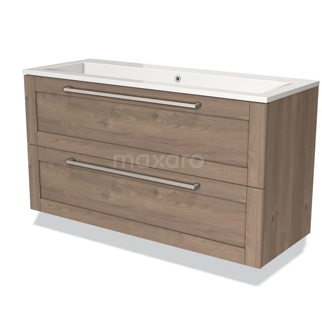 Badmöbel 120cm Modulo mittelbraune Eiche 2 Schubladen Rahmen Waschbecken Mineralguss BMW17-00900 Holz Badezimmermöbel mit zwei Schubladen, Eiche-Optik, inklusive weißem keramischen Waschbecken und verchromten Haltegriffen.