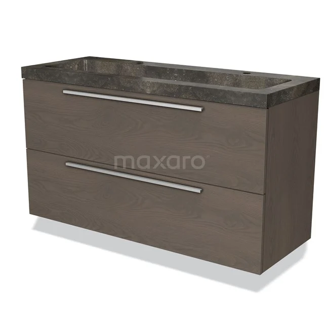 Modulo Bathroom furniture with sink | 120 cm Dark brown oak Flat front Natural stone 2 Stacked drawers BMW17-00904 Wooden Bathroom unit with two drawers, dark grey vanity units with basin, sleek design, ideal for modern bathrooms.