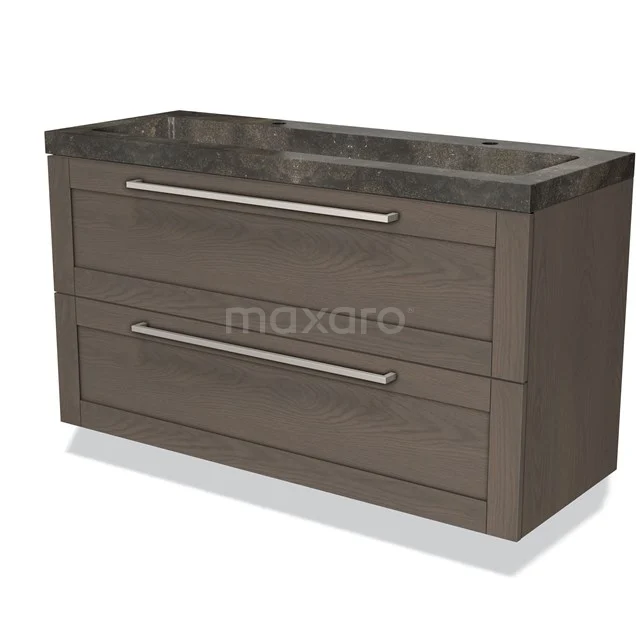 Wooden bathroom unit with dark brown veneer, black marble worktop and two wide drawers with metal handles.