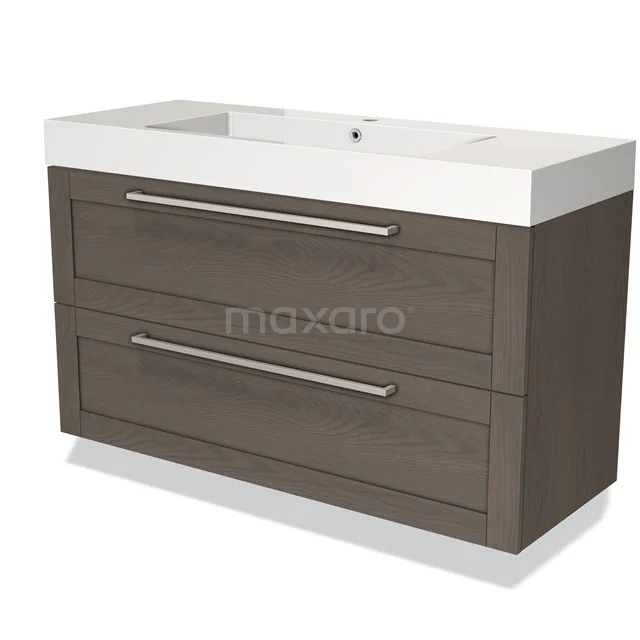 Holz Badezimmermöbel dunkelbraun mit zwei Schubladen und weißem keramischen Waschbecken, modernes Design.