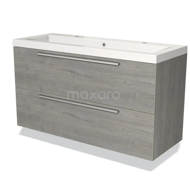 Grey wooden bathroom furniture set with two drawers, chrome handles and white basin; ideal for stylish bathroom spaces.