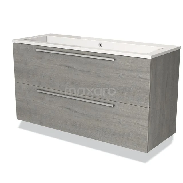 Grey bathroom furniture set with two drawers, wood look and white basin; stylish and practical for a modern bathroom.