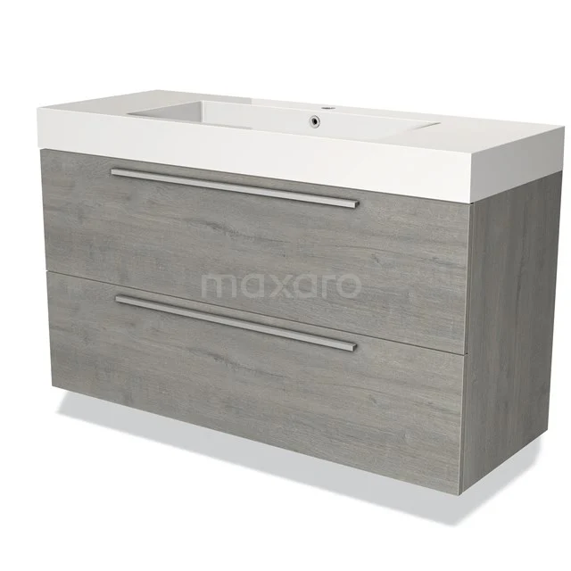 Grey wooden Bathroom unit with two drawers and integrated white sink, modern design ideal for stylish bathrooms.