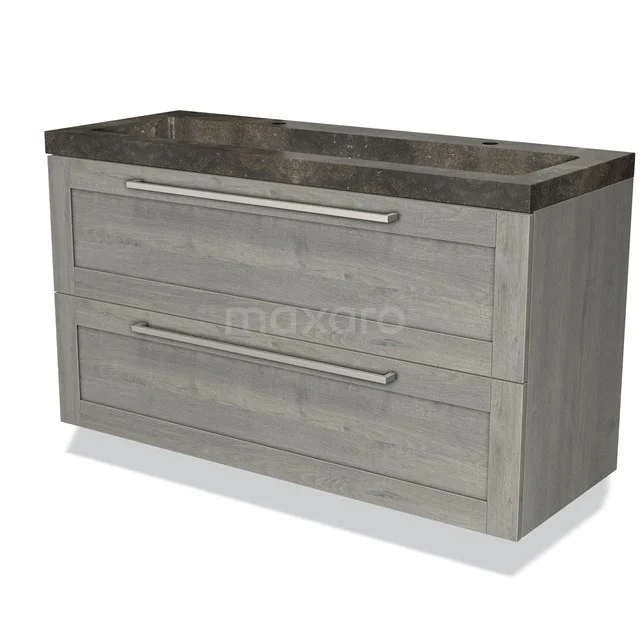 Grey wooden bathroom unit with two drawers, metal handles and dark natural stone basin worktop, modern and stylish design.