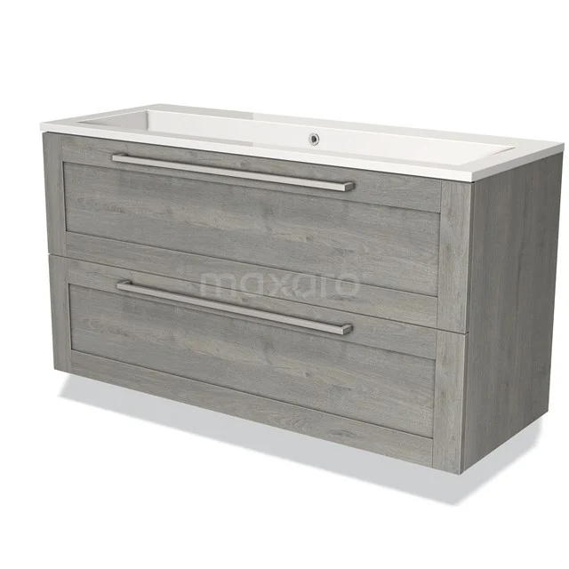 Grey wooden bathroom furniture set with two drawers and white basin, ideal for modern bathroom design.