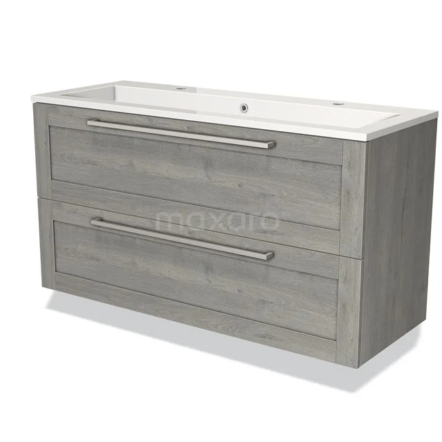 Badmöbel 120cm Modulo Graue Eiche 2-Schubladen-Rahmen Waschbecken Mineralguss Marmor BMW17-00929 Graues Holz-Waschtischmöbel mit zwei Schubladen, integrierte weiße Waschbecken, modernes Design für ein stilvolles Badezimmer.