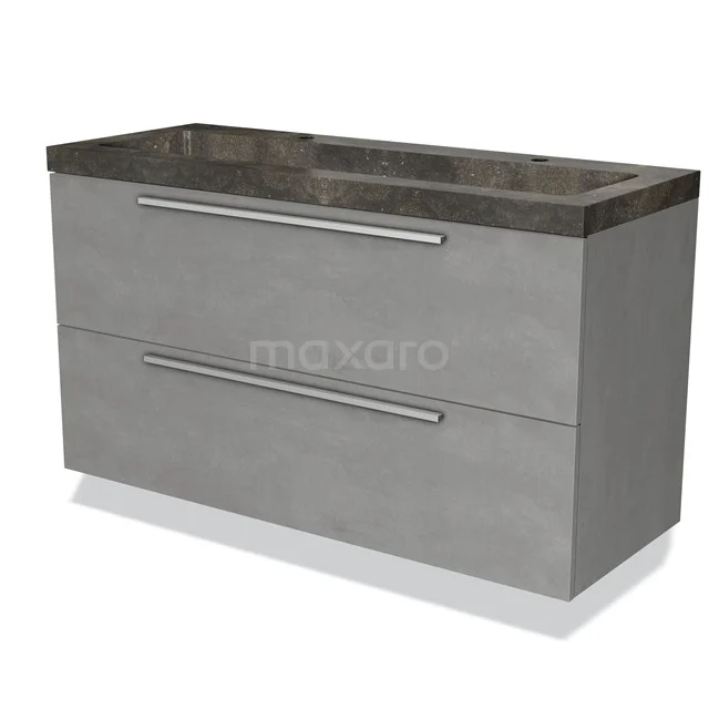 Graue Badmöbelset mit Betonlook, doppelten Schubladen und einer dunkelgrauen Stein-Waschtischplatte, modernes und stilvolles Design.