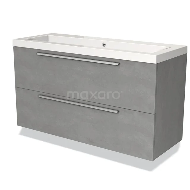 Graue Waschbeckenunterschrank mit doppelten Schubladen, Soft-Close-System und mattem Betonlook, ideal für moderne Bäder.