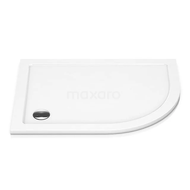 Weiße, halbrunde Duschwanne aus Keramik mit modernem Design und Abflussloch, ideal für eine stilvolle Badezimmergestaltung.