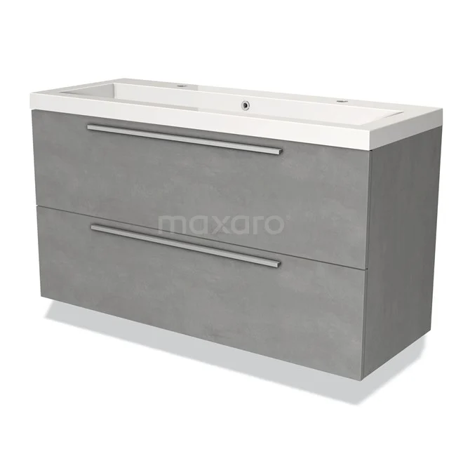 Grey bathroom furniture set with concrete look, double drawers, chrome handles and white basin; modern and sleek design.