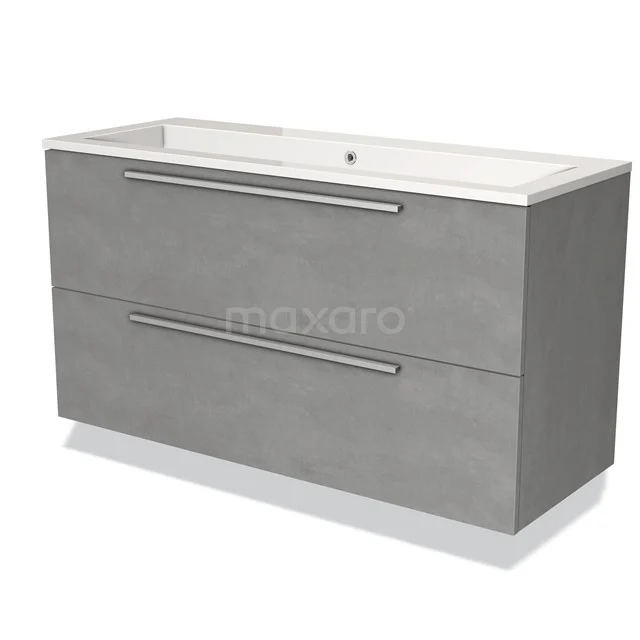 Grey Vanity unit with two drawers, integrated basin and sleek design, ideal for a modern bathroom.