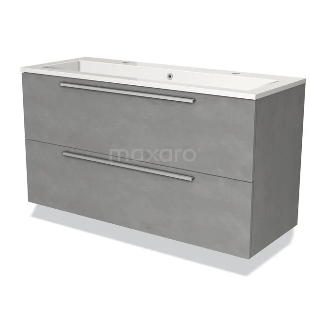 Grey bathroom cabinet with two wide drawers, minimalist design and integrated basin, ideal for modern bathrooms.