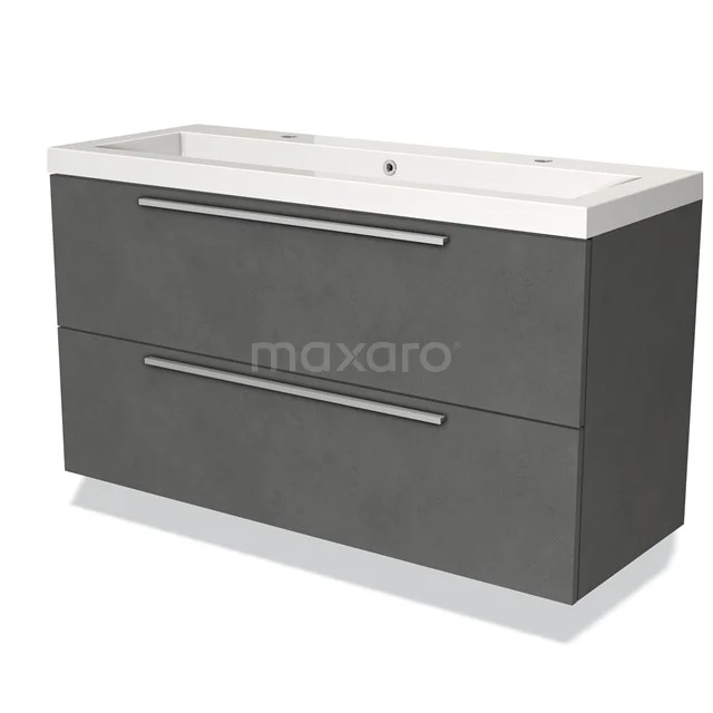 Badmöbel 120cm Modulo Dunkelgrau Beton 2 Schubladen Flaches Waschbecken Mineralguss BMW17-00941 Grauer Badschrank mit zwei Schubladen, minimalistisches Design, einschließlich weißem Waschbecken; ideal für moderne Badezimmergestaltung.