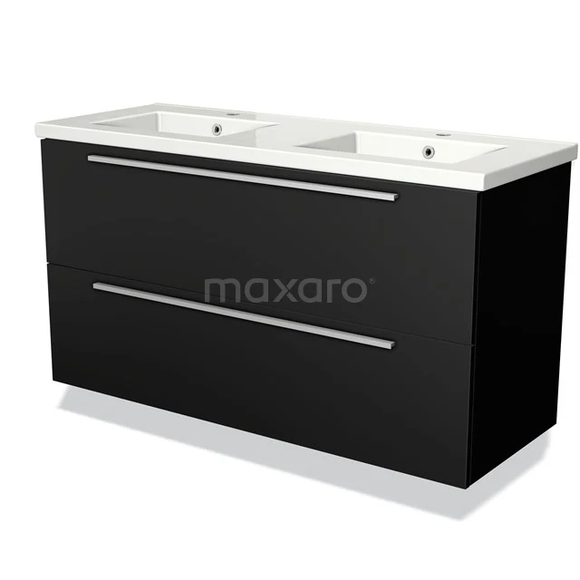 Black double vanity unit with drawer fronts and chrome handles, ideal for modern bathroom design.
