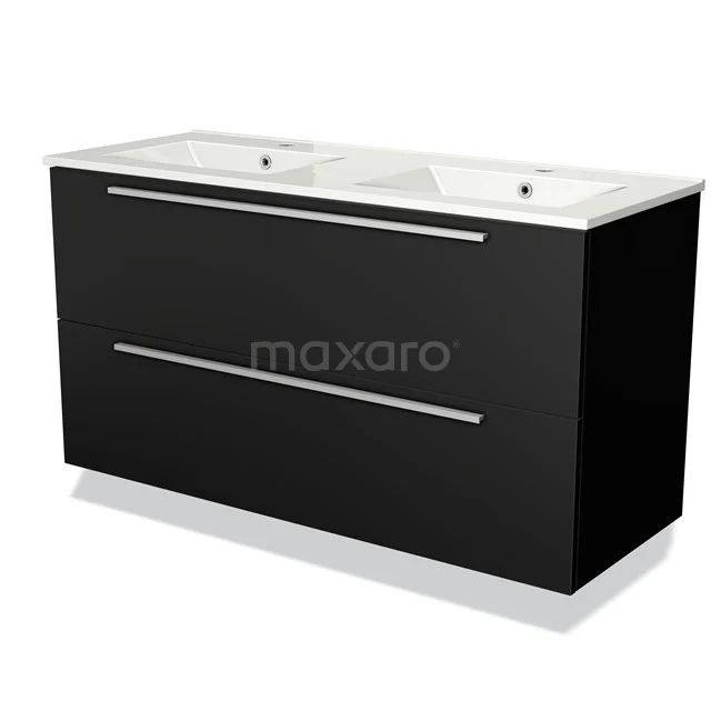 Black double vanity units with basin, sleek handles and glossy finish, ideal for any bathroom style.