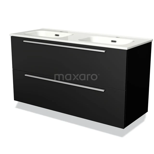 Black bathroom unit with double basin, sleek metal handles and modern design, ideal for a stylish bathroom.