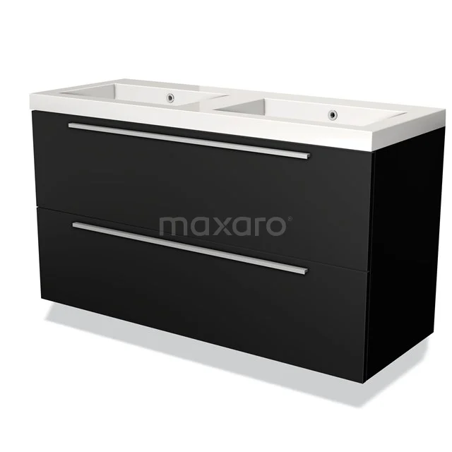 Black double basin base cabinet with modern drawer handles, suitable for stylish bathroom design.