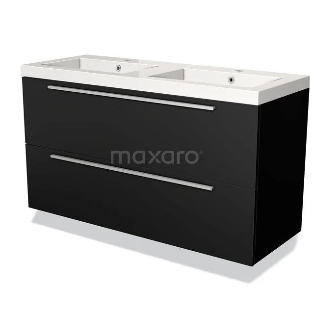 Black double basin vanity unit with white ceramic basin, modern design and chrome handles, ideal for the bathroom.