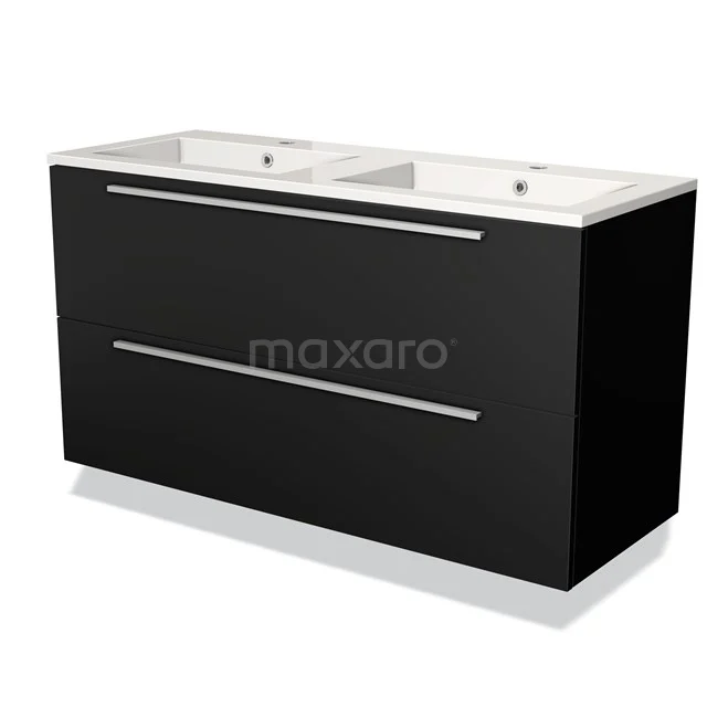 Black double basin base cabinet with modern chrome handles, ideal for stylish bathroom storage.
