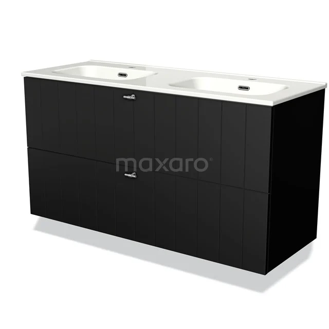 Black wooden bathroom unit with two vanity units with basins, clean design, ideal double basin for modern bathrooms.