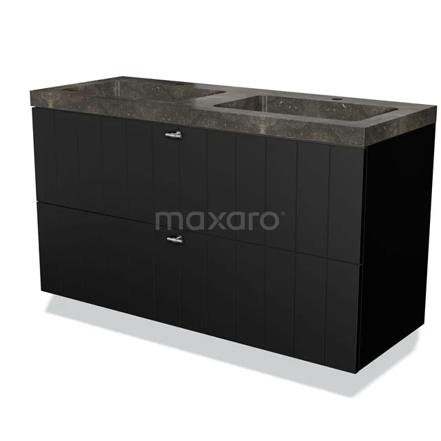 Black bathroom furniture set with marble basin worktop and double drawers, ideal for a modern and luxurious bathroom design.