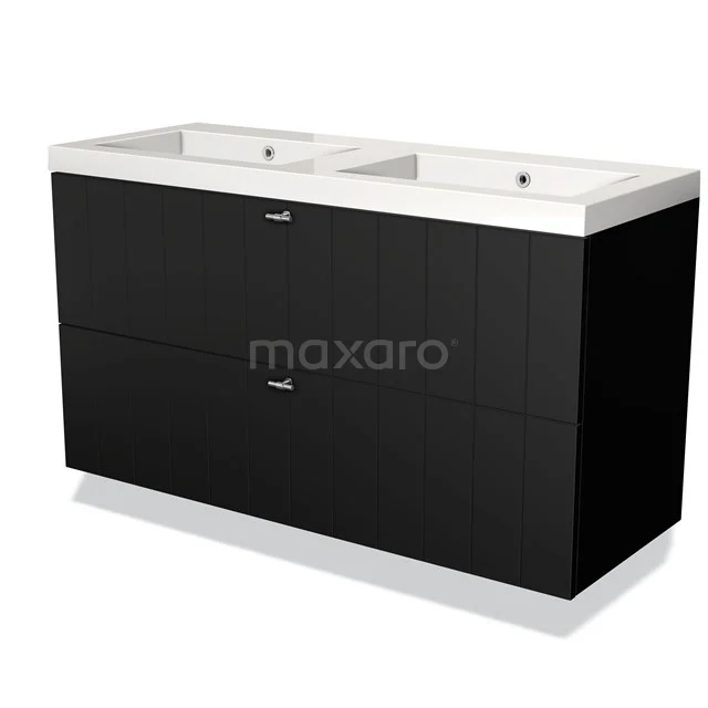 Black double vanity unit made of wood, Series Modern, with white ceramic countertop wash basins for stylish bathroom design.