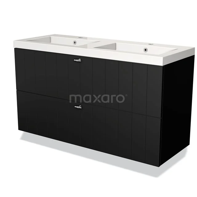 Black double basin vanity unit with built-in ceramic basin, sleek design, ideal for modern bathrooms.