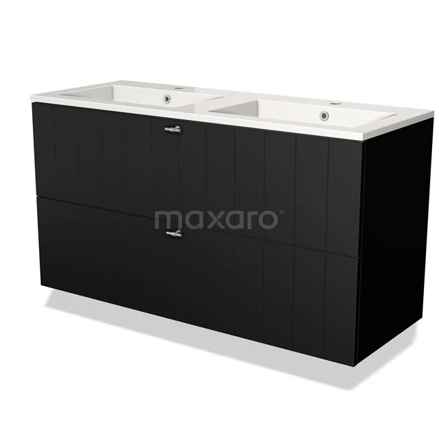 Schwarz Badmöbel mit Doppelwaschbecken, straffes Design, lackierte Oberfläche und geräumige Schubladen, ideal für ein modernes Badezimmer.