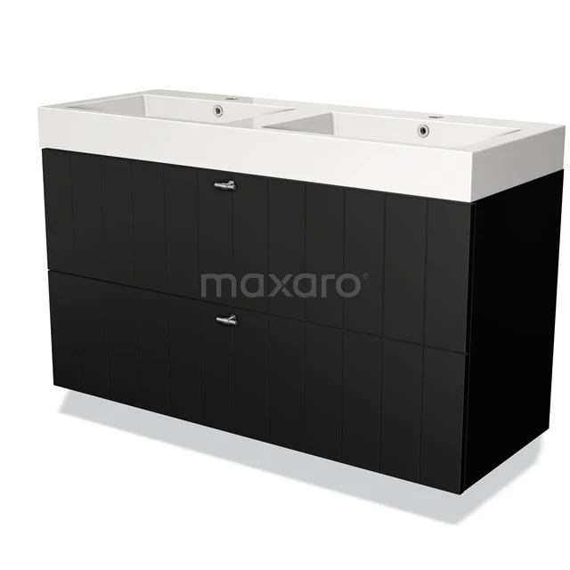 Black double vanity unit with clean lines, white ceramic sink and storage space, ideal for modern bathrooms.